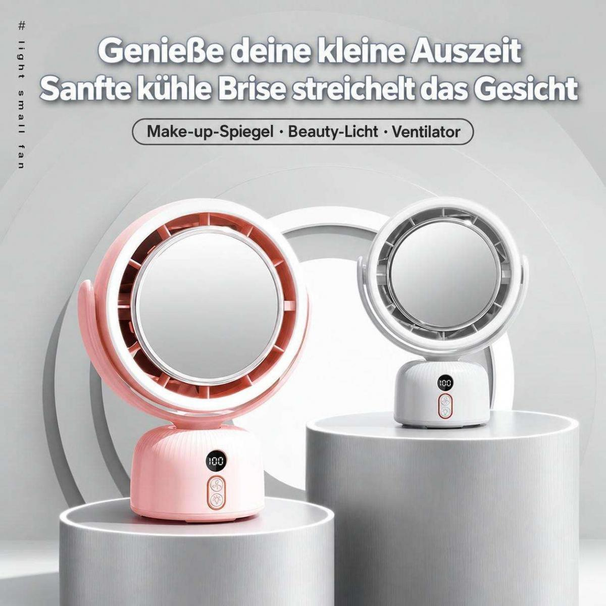 Zwei runde Tischventilatoren mit integriertem Make-up-Spiegel und LED-Beleuchtung in Pink und Weiß auf Sockeln.