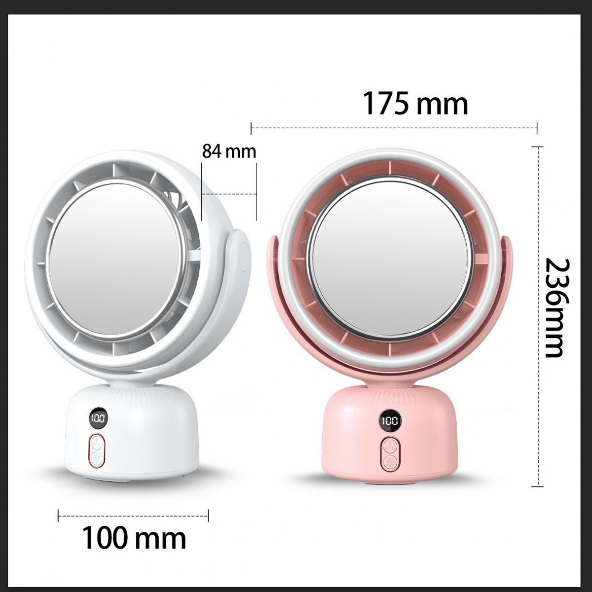 Diagramm von zwei tragbaren Ventilatoren in Weiß und Rosa mit Maßangaben wie 175 mm und 236 mm.
