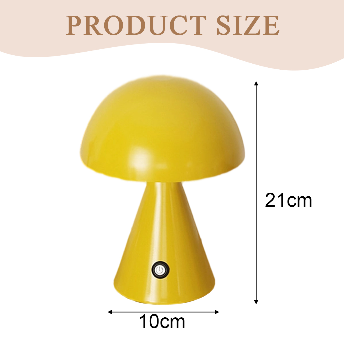 Gelbe pilzförmige Lampe, 21 cm hoch und 10 cm breit, mit Einschaltknopf.