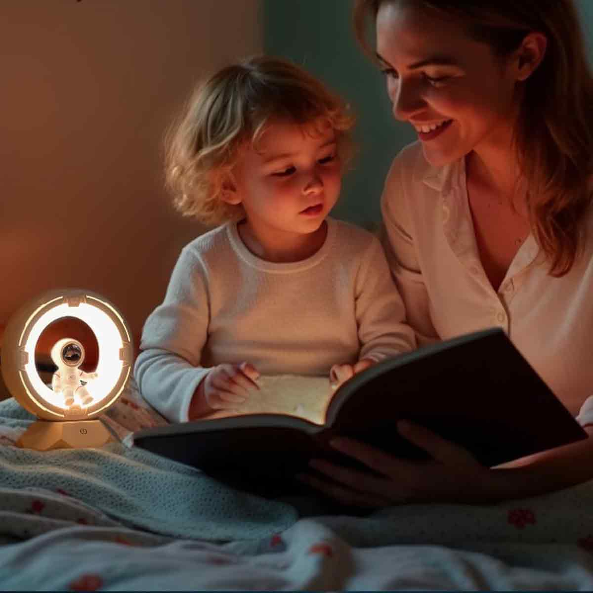 Eine Mutter liest einem kleinen Kind im Bett ein Buch vor, beleuchtet von einer kleinen Astronautenlampe.