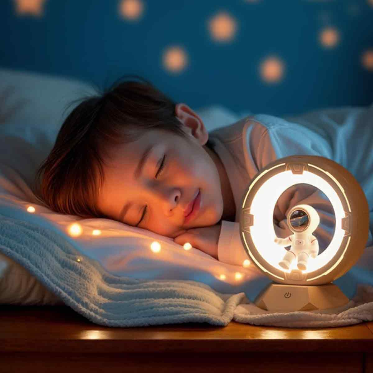 Ein schlafendes Kind ruht im Bett neben einem astronautenförmigen Nachtlicht auf einem Nachttisch mit sternenklarem Hintergrund.