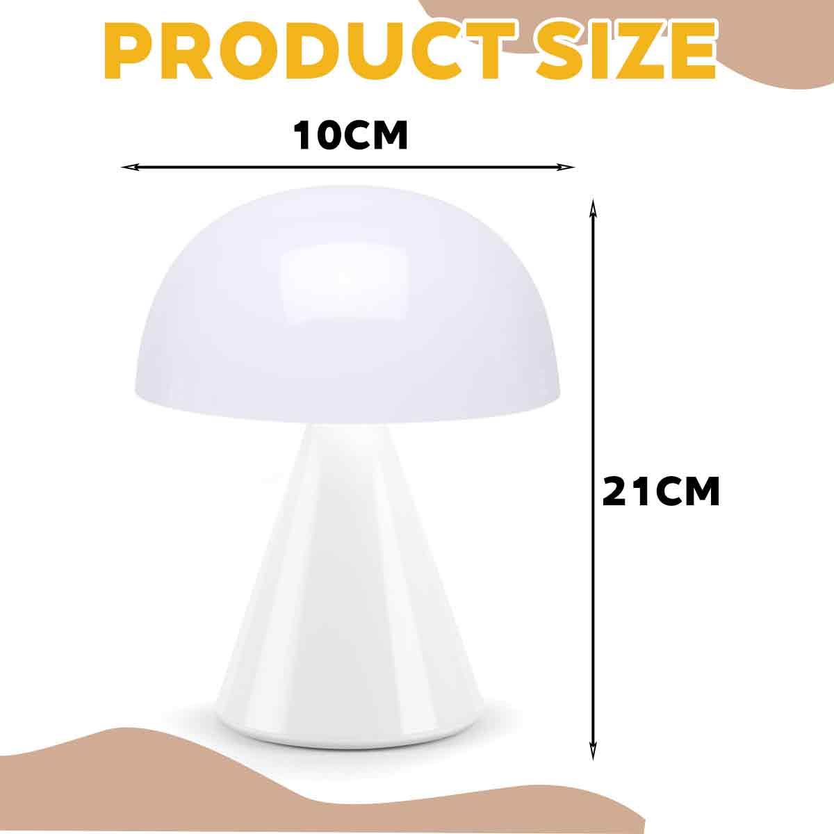 Diagramm zeigt eine weiße Tischlampe mit einer Breite von 10 cm und einer Höhe von 21 cm.