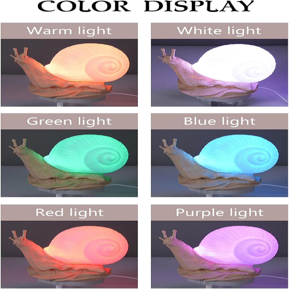 Sechs Bilder zeigen eine schneckenförmige Lampe in verschiedenen Farben: warm, weiß, grün, blau, rot und lila.
