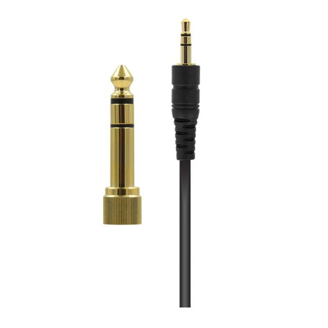 Ein goldener Audioadapter neben einem schwarzen Kabel mit Klinkenstecker vor weißem Hintergrund.