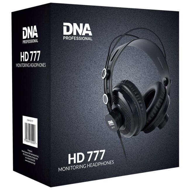 DNA Professional HD 777 Studio-Kopfhörer-Box mit schwarzen Over-Ear-Kopfhörern vor strukturiertem dunklem Hintergrund.