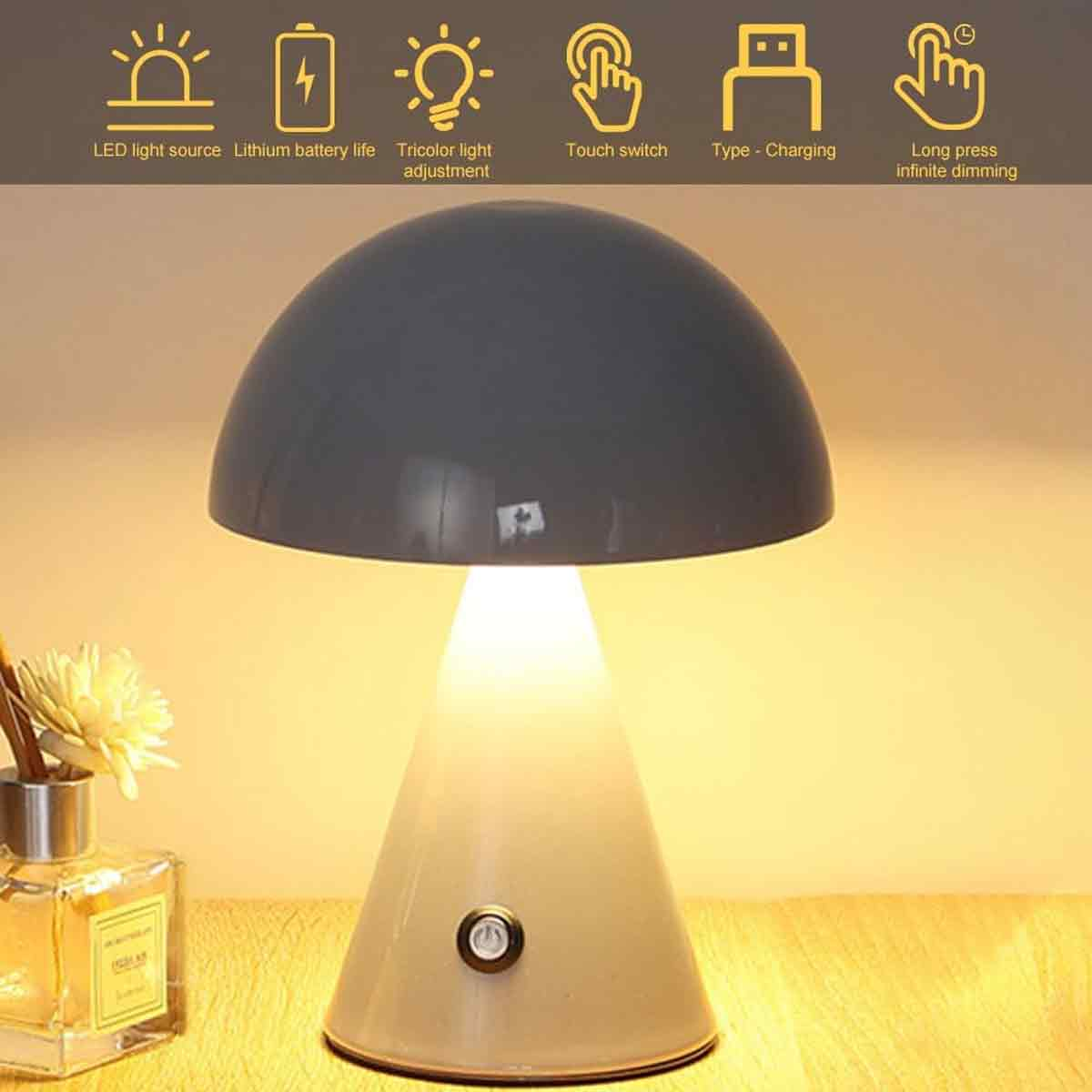 Eine moderne pilzförmige Schreibtischlampe mit grauem Schirm und leuchtender Basis, oben mit Funktionssymbolen.