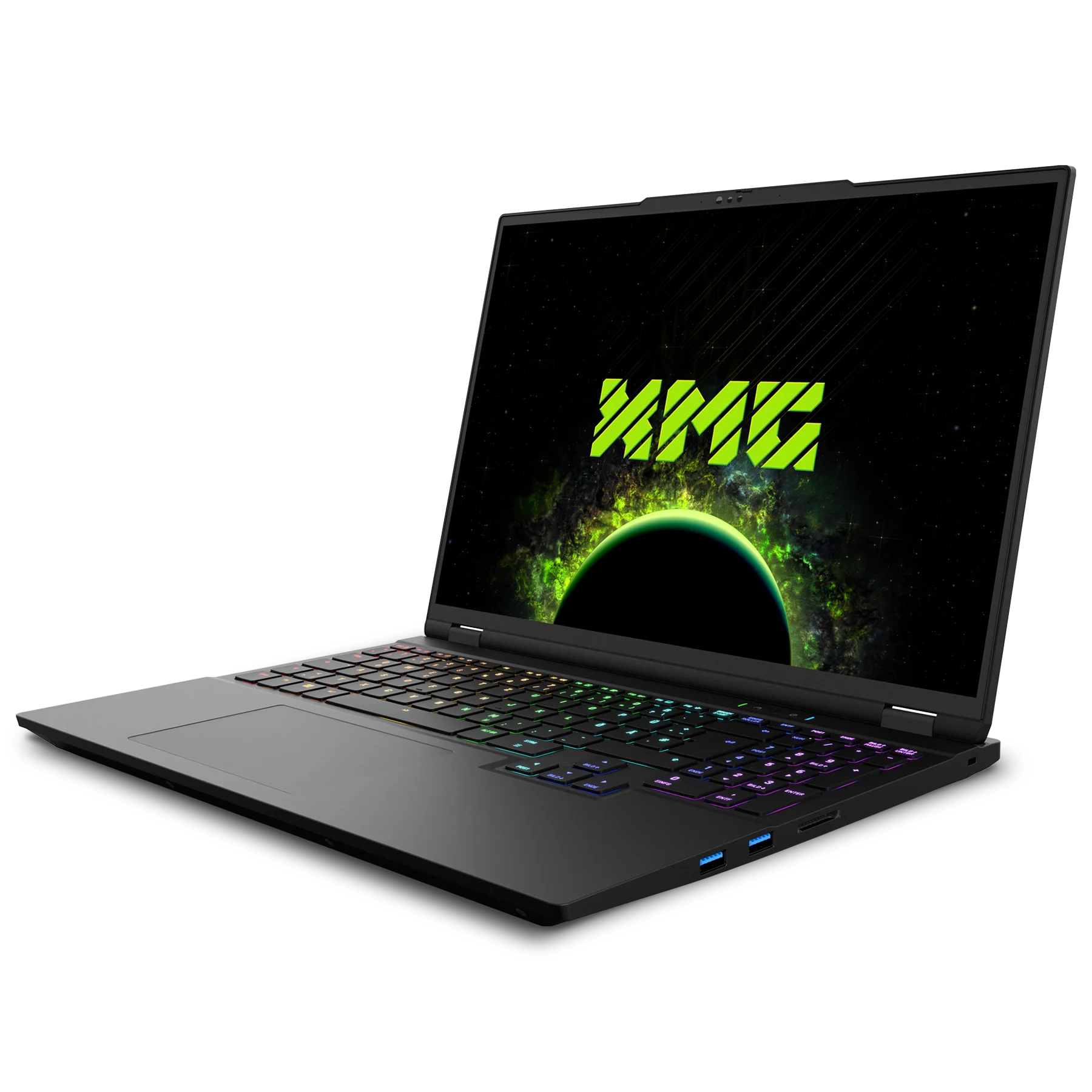 Ein schwarzer Gaming-Laptop mit beleuchteter Tastatur zeigt ein grünes Weltraum-Logo auf dem Bildschirm vor schwarzem Hintergrund.