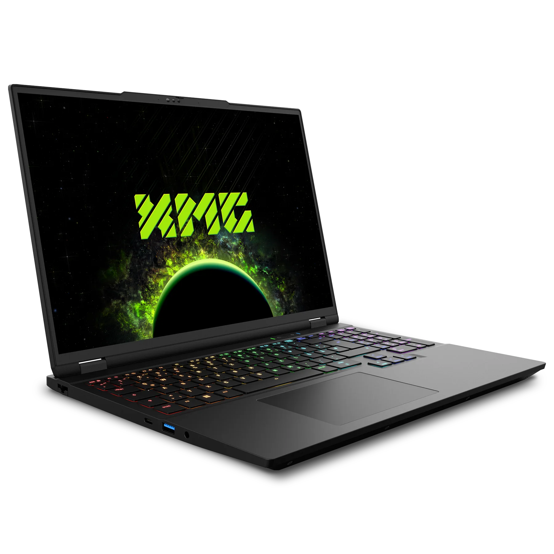 Schwarzer Laptop mit RGB-Beleuchtung und grünem Planeten-Hintergrundbild.