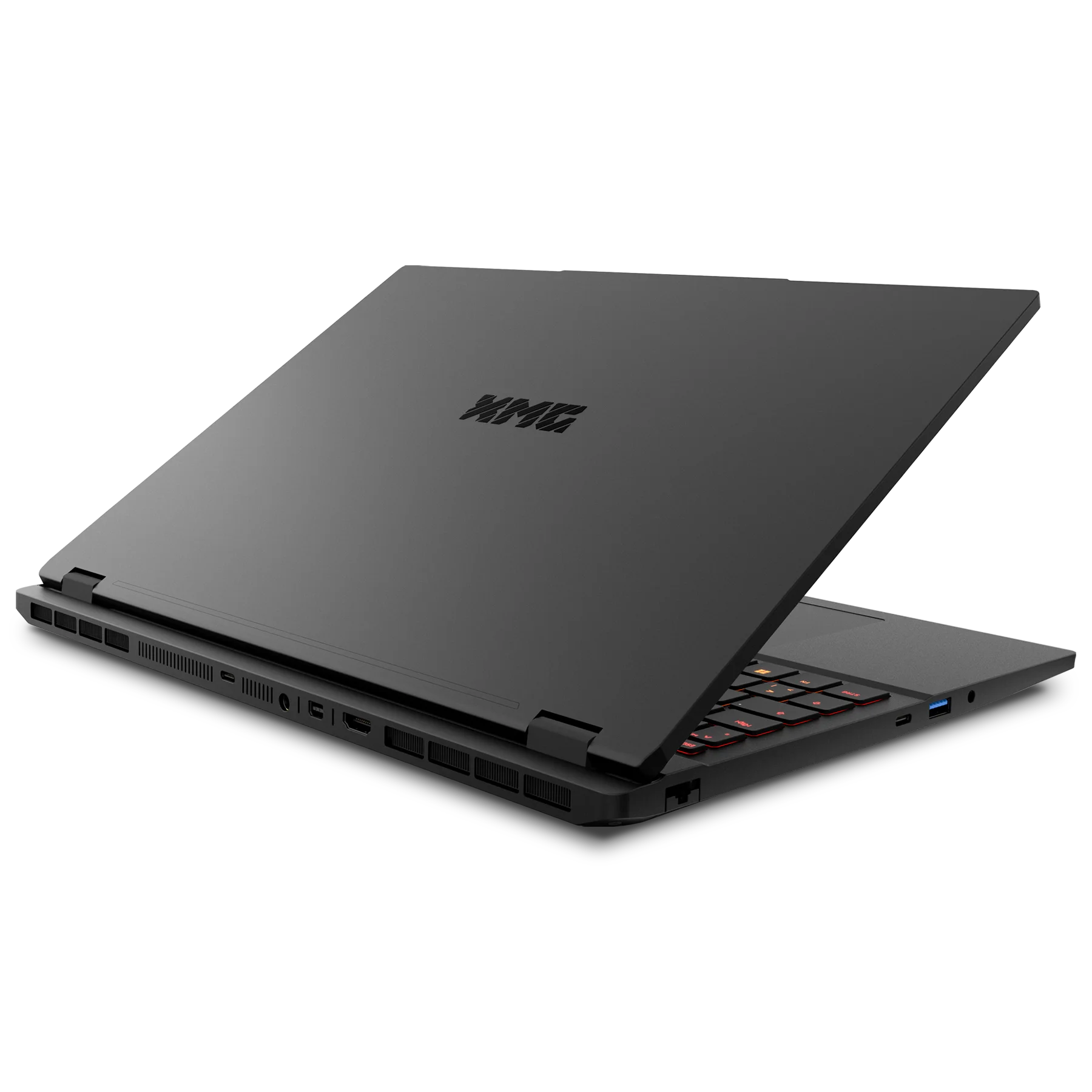 Ein schwarzer Laptop auf schwarzem Hintergrund zeigt das geschlossene Display mit Logo und sichtbaren Anschlüssen.