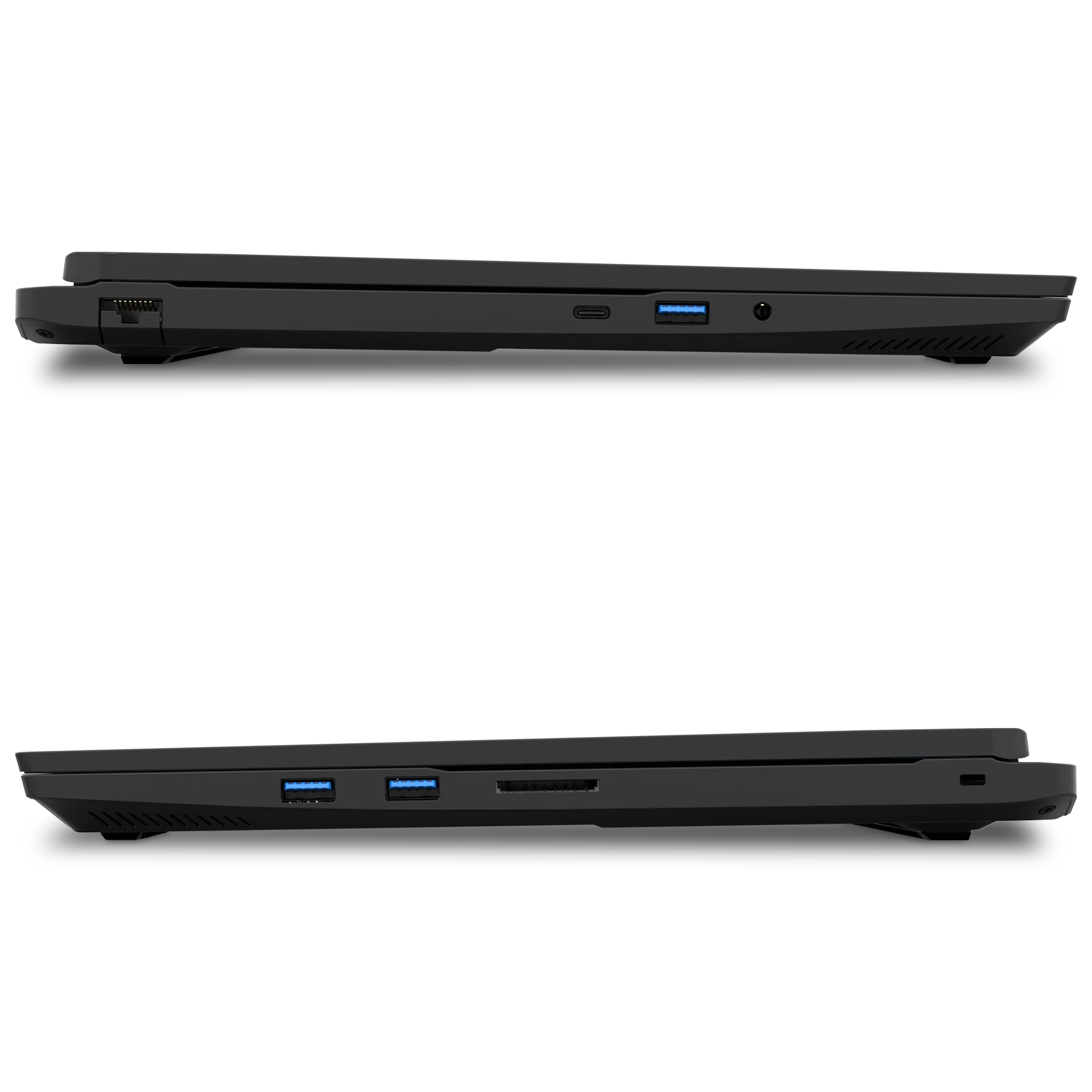Seitenprofile eines schwarzen Laptops mit verschiedenen Anschlüssen auf schwarzem Hintergrund.