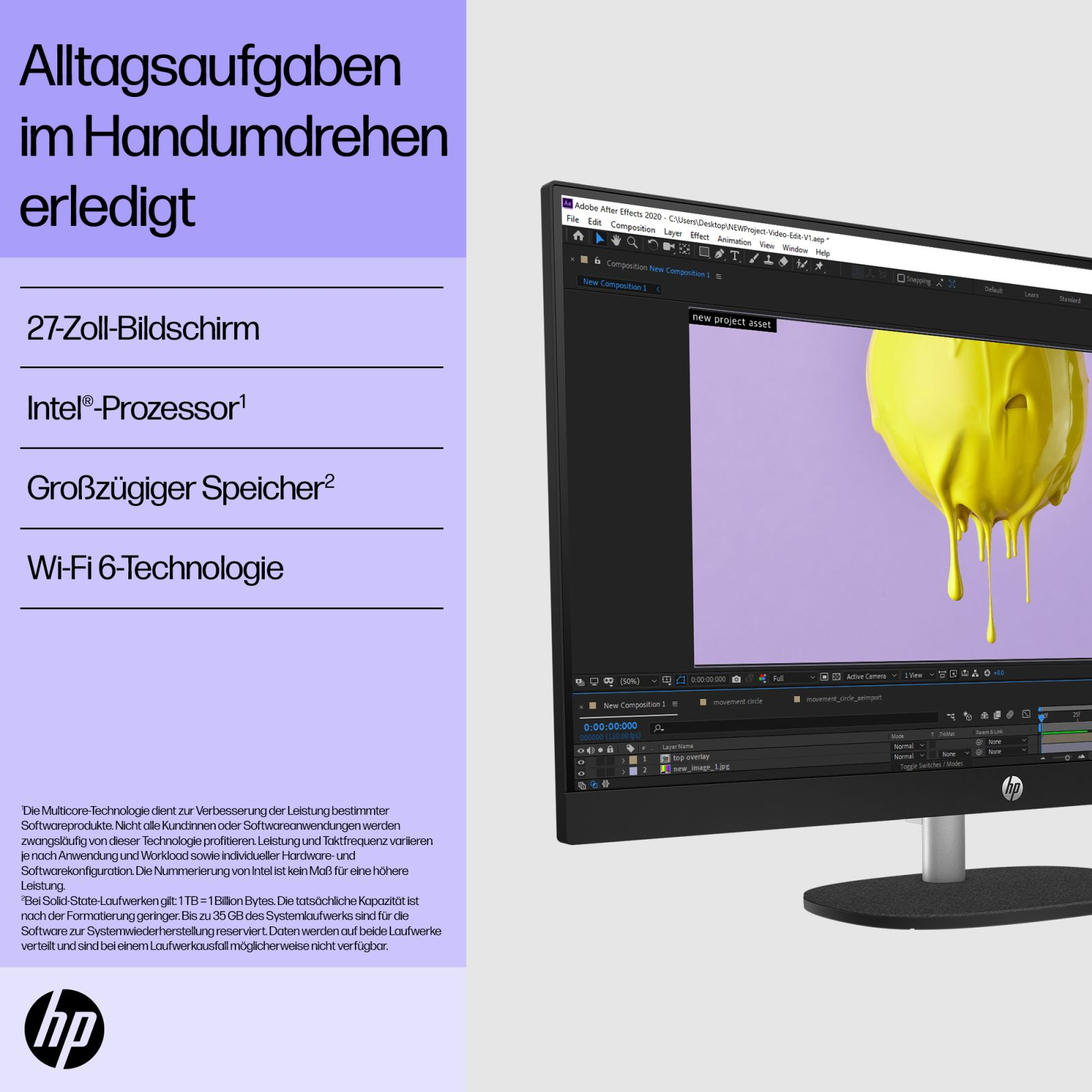 Ein HP Monitor zeigt Adobe After Effects mit gelbem Schleim auf violettem Grund, links Text auf violett.
