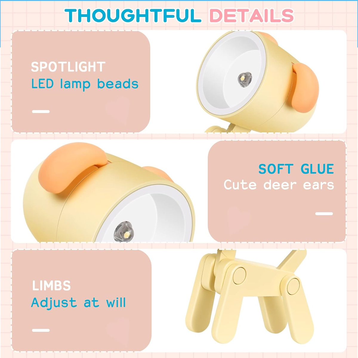 Produktmerkmale einer gelben LED-Hundelampe mit flexiblen Beinen und weichen Ohren.