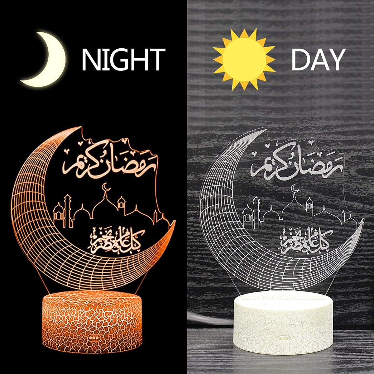 Geteilter Vergleich einer Acryllampe mit Halbmond- und Moscheenmotiv bei Nacht (orange) und Tag (weiß).