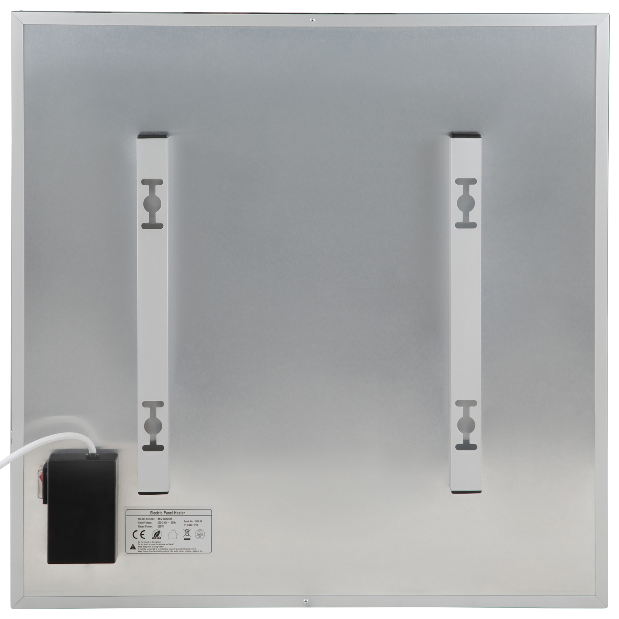 Rückseite einer silbernen Elektro-Heizplatte mit Halterungen, schwarzer Steuerbox und weißem Kabel.