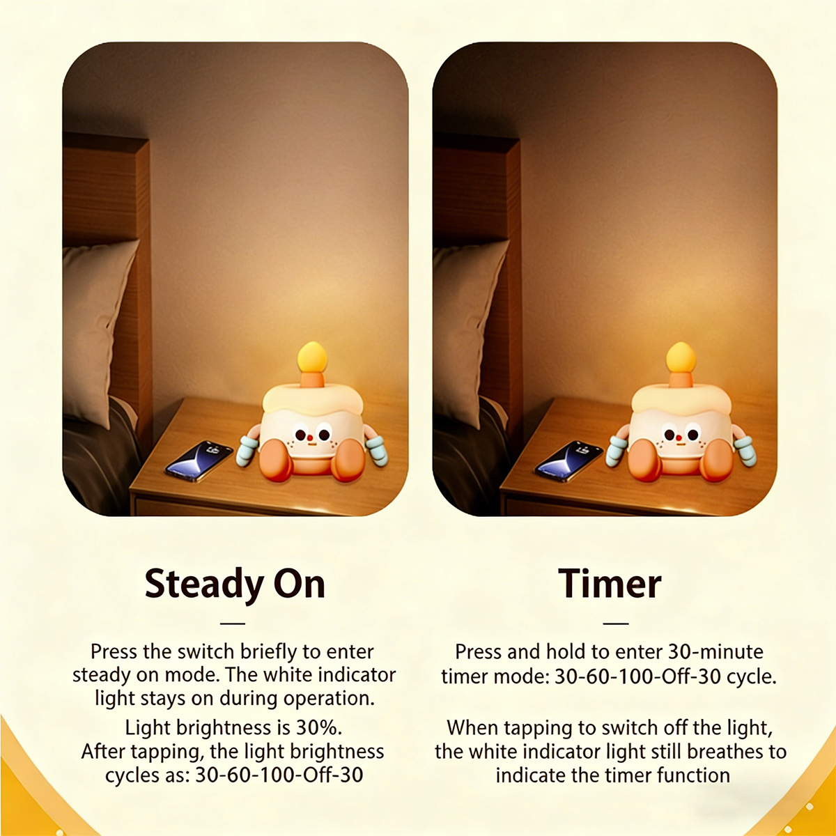 Anleitung für ein kleines Nachtlicht mit Steady-On- und Timer-Modus auf einem Nachttisch.