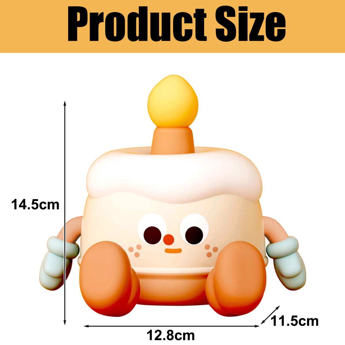 Produktgrößendiagramm zeigt eine kuchenähnliche Lampe mit Abmessungen von 14,5 cm Höhe, 12,8 cm Breite und 11,5 cm Tiefe.