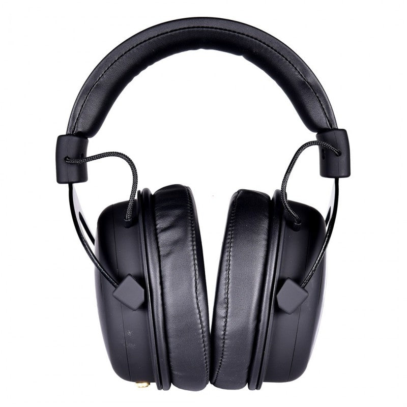 Ein Paar schwarze Over-Ear-Kopfhörer mit gepolstertem Bügel und Ohrmuscheln vor weißem Hintergrund.