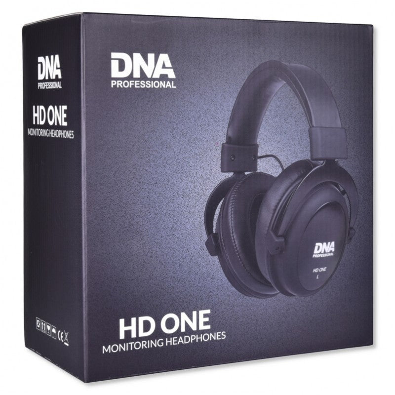 Schwarze Produktverpackung für DNA HD One Monitoring-Kopfhörer mit abgebildeten Kopfhörern.