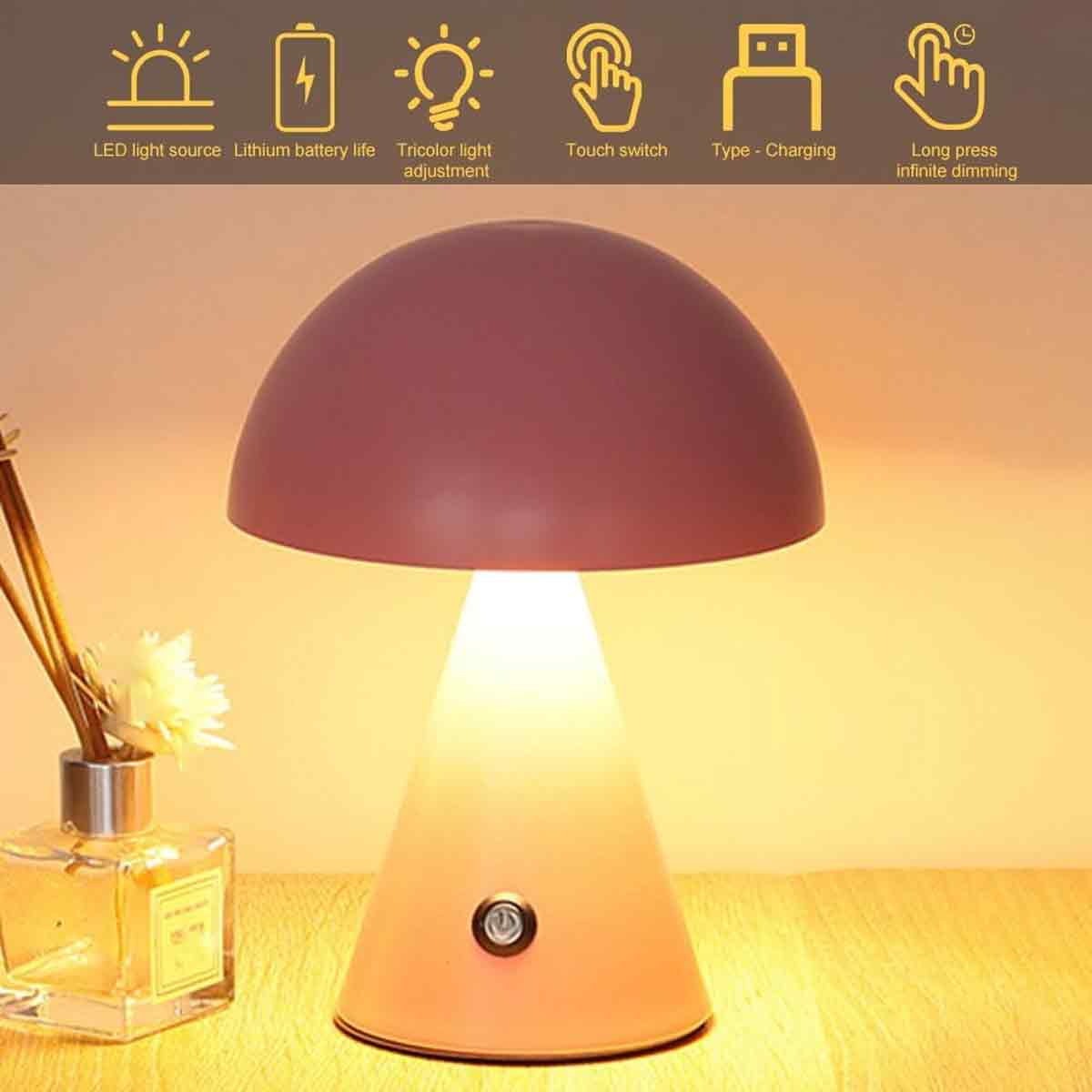 Eine rosafarbene Pilzlampe auf einem Holztisch mit Diffusor daneben. Symbole zeigen Funktionen wie Touch und Dimmen an.