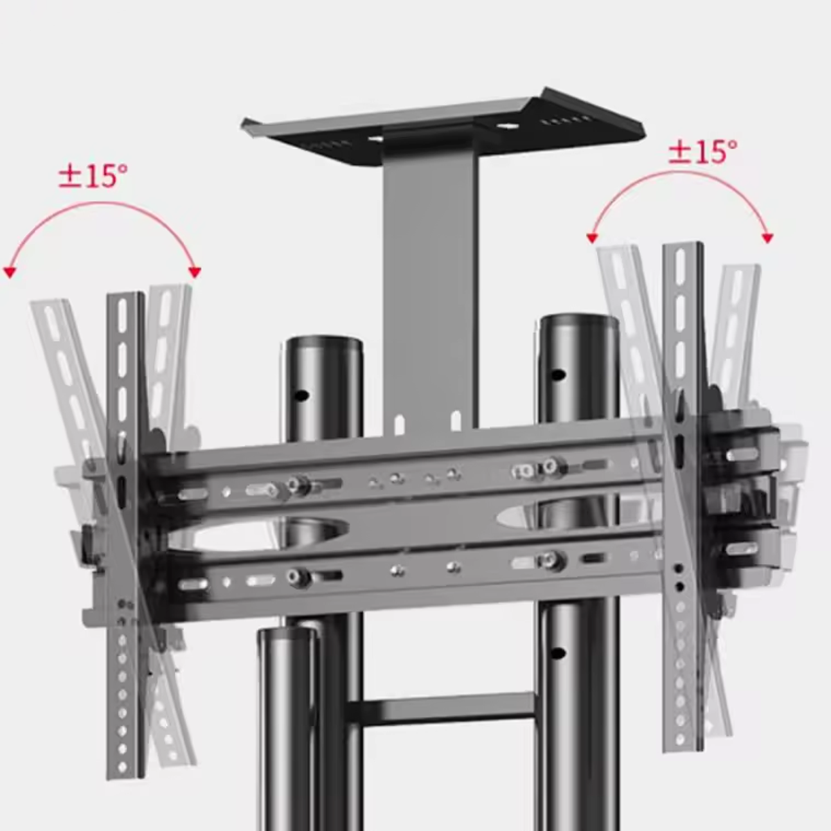 Eine schwarze Decken-TV-Halterung aus Metall mit doppelten Stangen und verstellbaren Neigungswinkeln von plus minus 15 Grad.