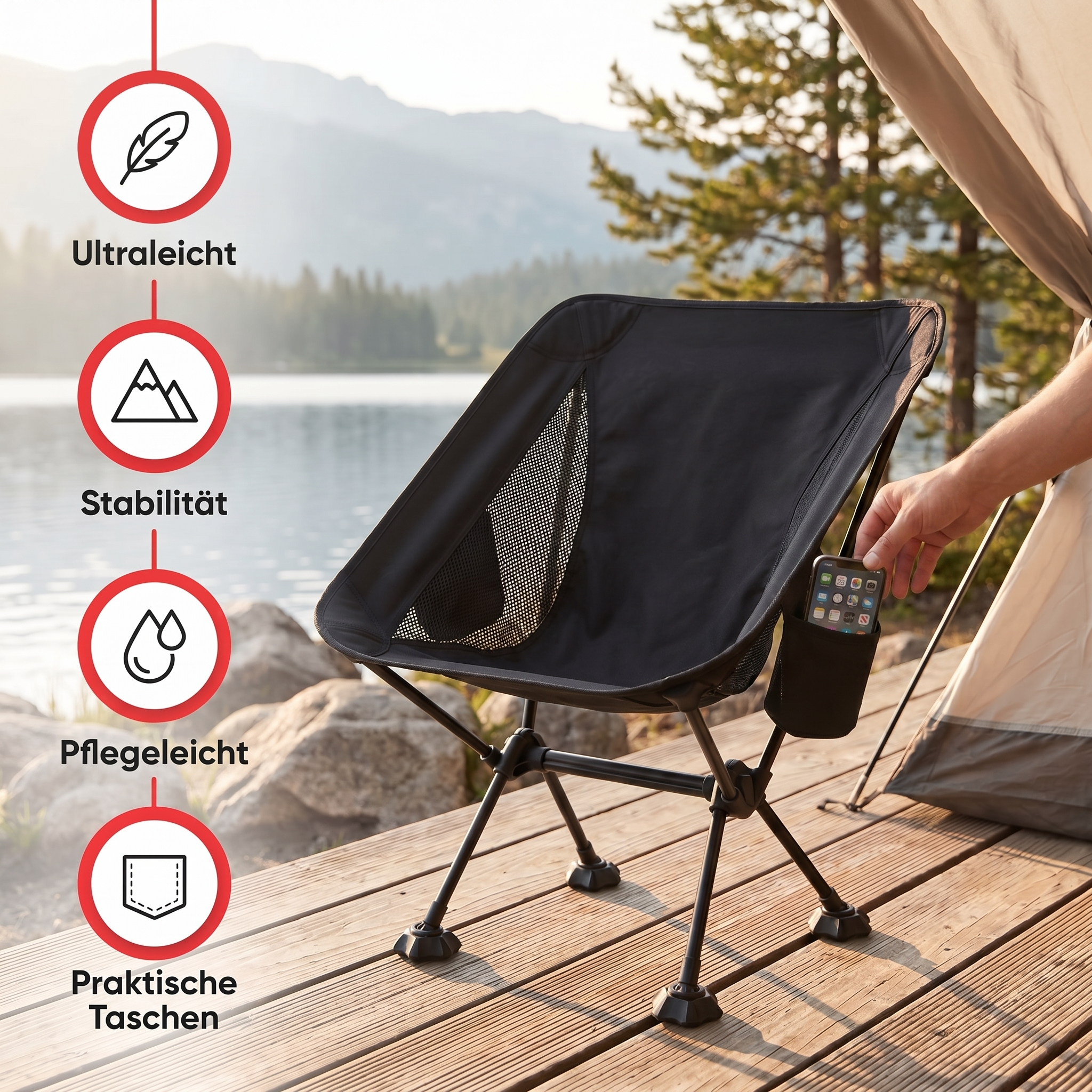Ein schwarzer Campingstuhl auf einem Holzsteg an einem See mit Funktionssymbolen links.