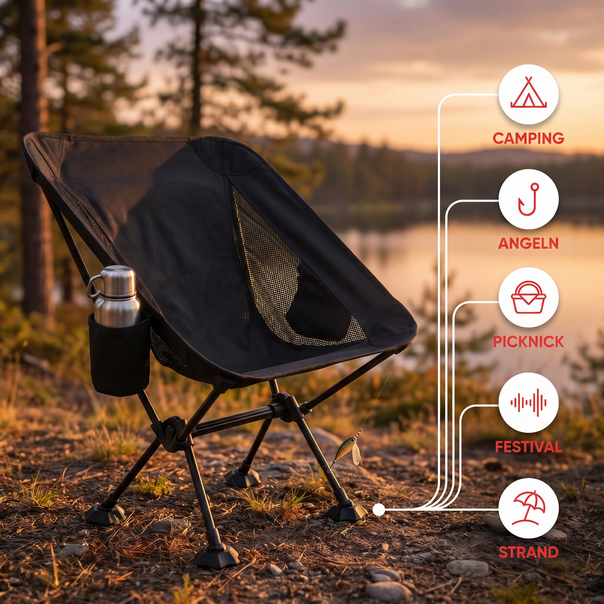 Ein schwarzer Campingstuhl am See mit Symbolen für verschiedene Outdoor-Aktivitäten.