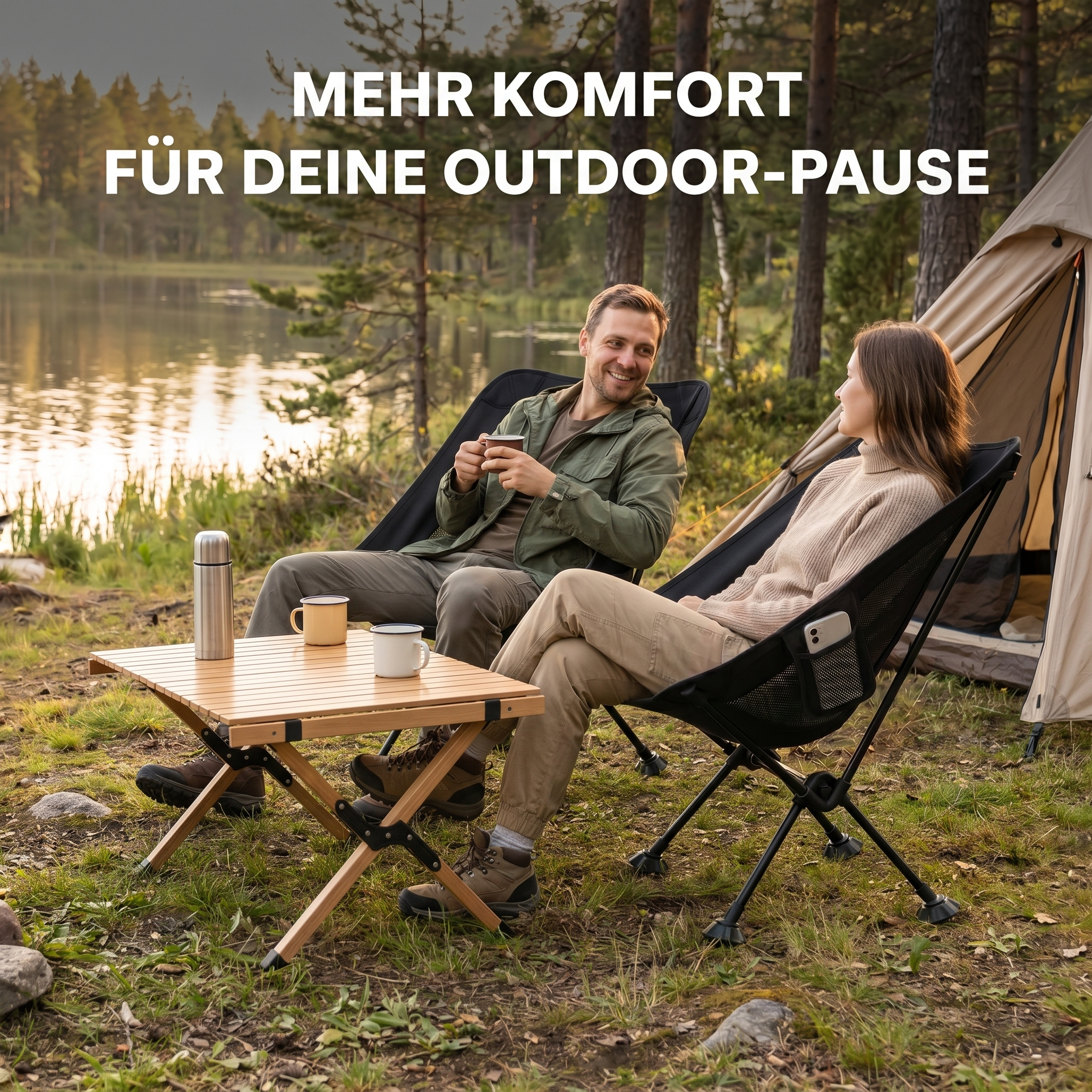 Ein lächelndes Paar sitzt in Campingstühlen an einem See mit Tisch, Zelt und Wald.