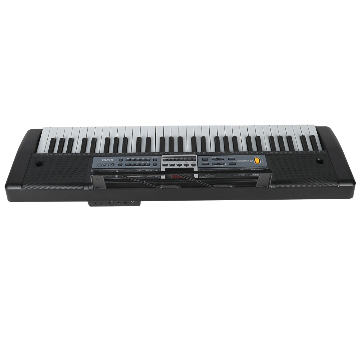 Ein schwarzes 61-Tasten-Keyboard mit weißen Tasten, Bedienelementen und Notenständer vor schwarzem Hintergrund.