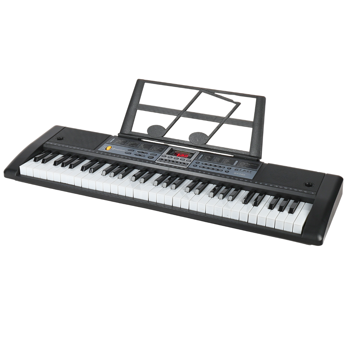 Ein elektronisches Keyboard mit 61 Tasten und einem Notenständer vor einem schwarzen Hintergrund.