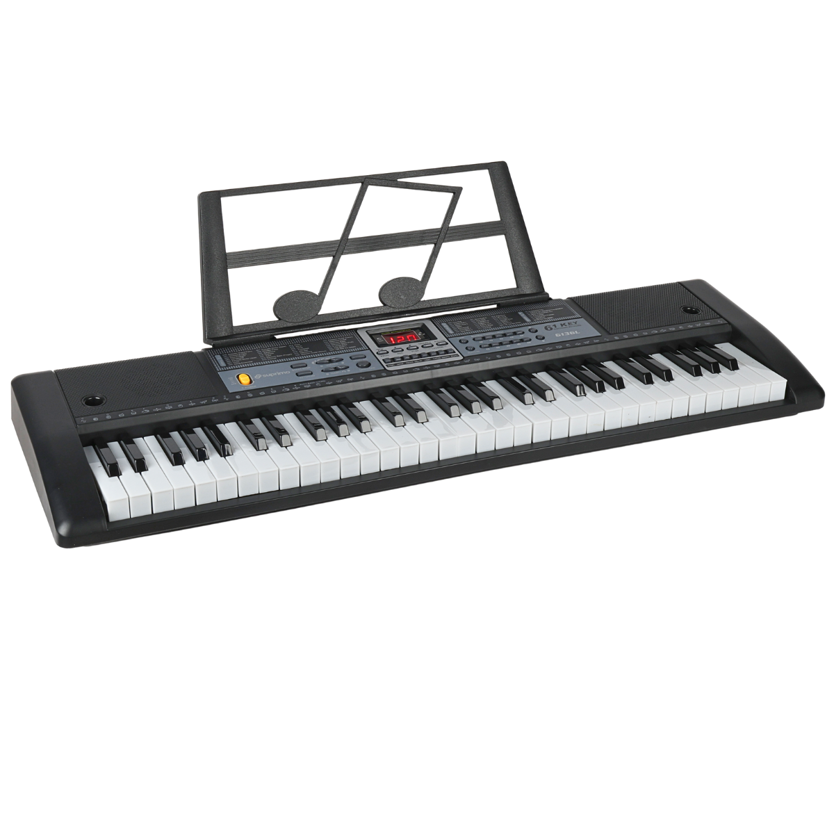 Ein schwarzes Keyboard mit weiß-schwarzen Tasten und einem Notenständer auf schwarzem Hintergrund.