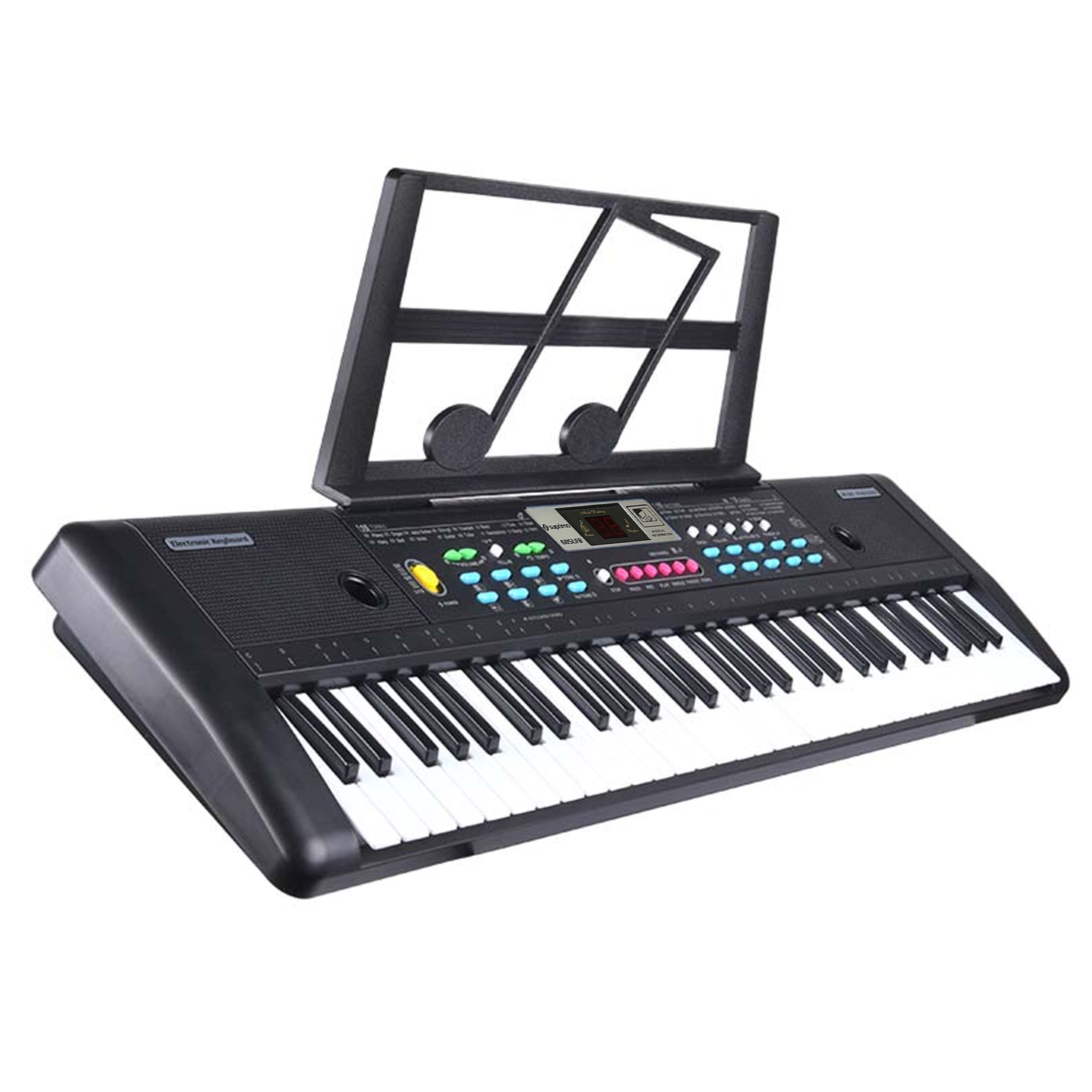 Ein schwarzes Keyboard mit bunten Tasten, einem Notenständer und integrierten Lautsprechern auf weißem Hintergrund.