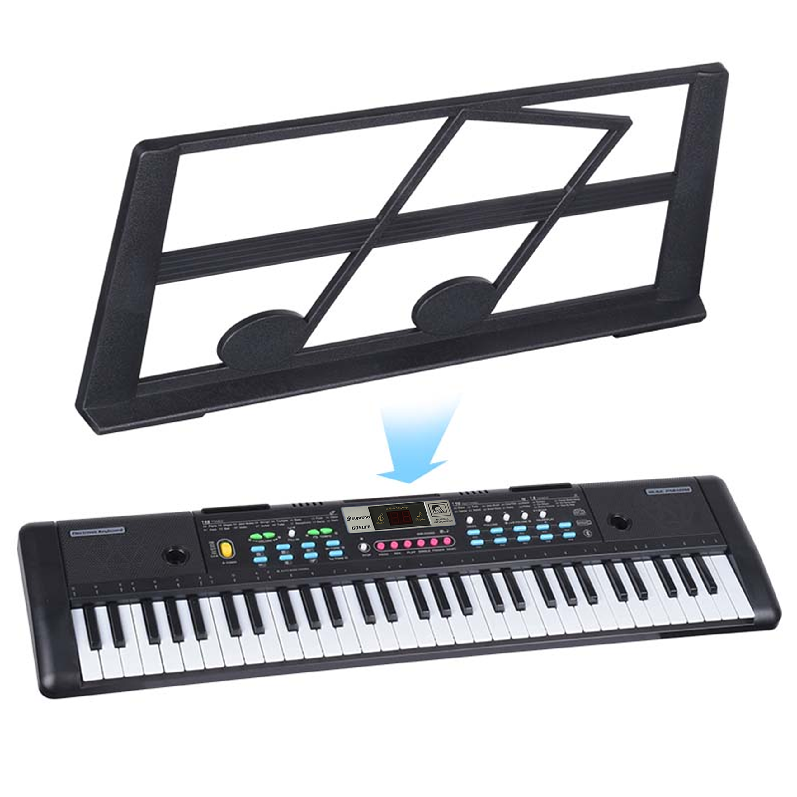 Ein schwarzer Notenständer aus Kunststoff mit Noten-Design über einem schwarzen Keyboard.