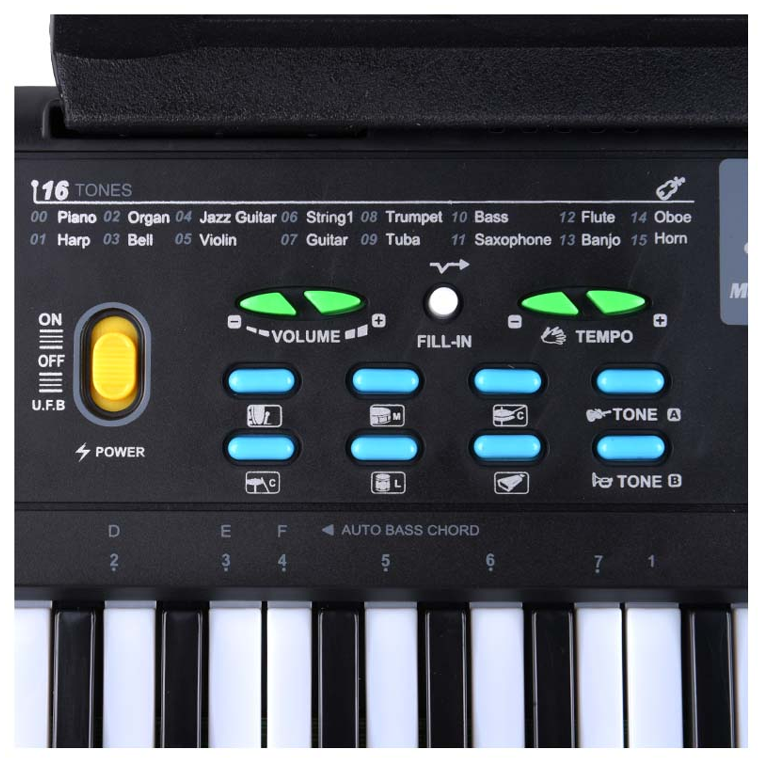 Bedienfeld eines schwarzen Keyboards mit farbigen Tasten und Tönen.