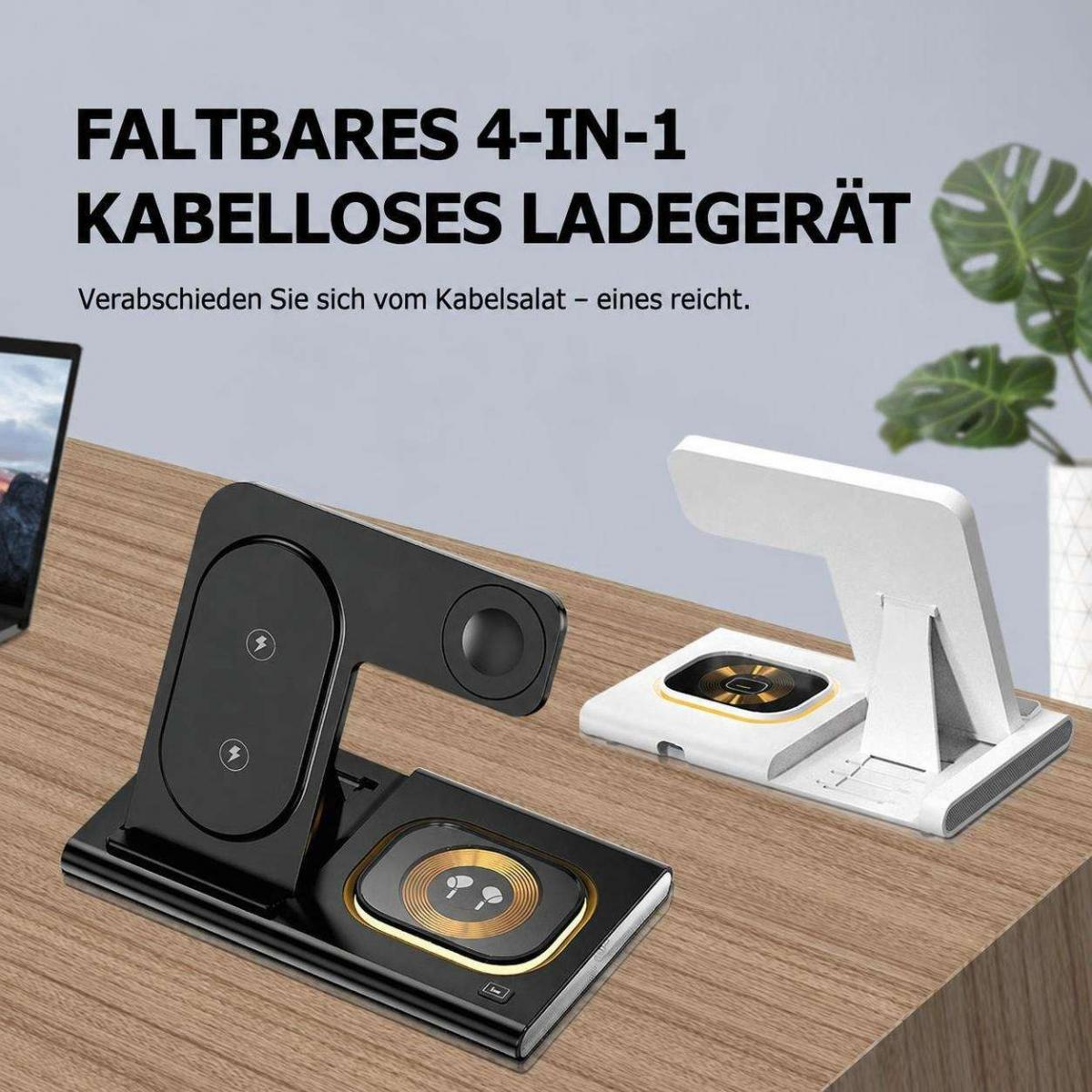 Faltbare kabellose Ladegeräte in Schwarz und Weiß auf einem Holztisch, mit Text im oberen Bereich.