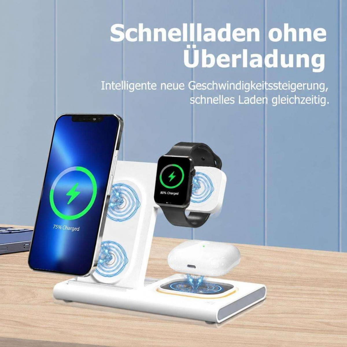 Eine weiße 3-in-1-Ladestation lädt ein Smartphone, eine Smartwatch und drahtlose Ohrhörer.