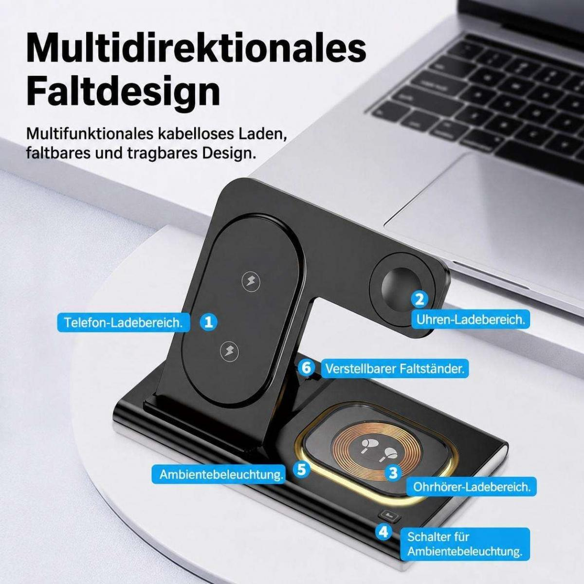 Ein schwarzer 3-in-1-Wireless-Ladeständer mit nummerierten Etiketten für verschiedene Ladebereiche.
