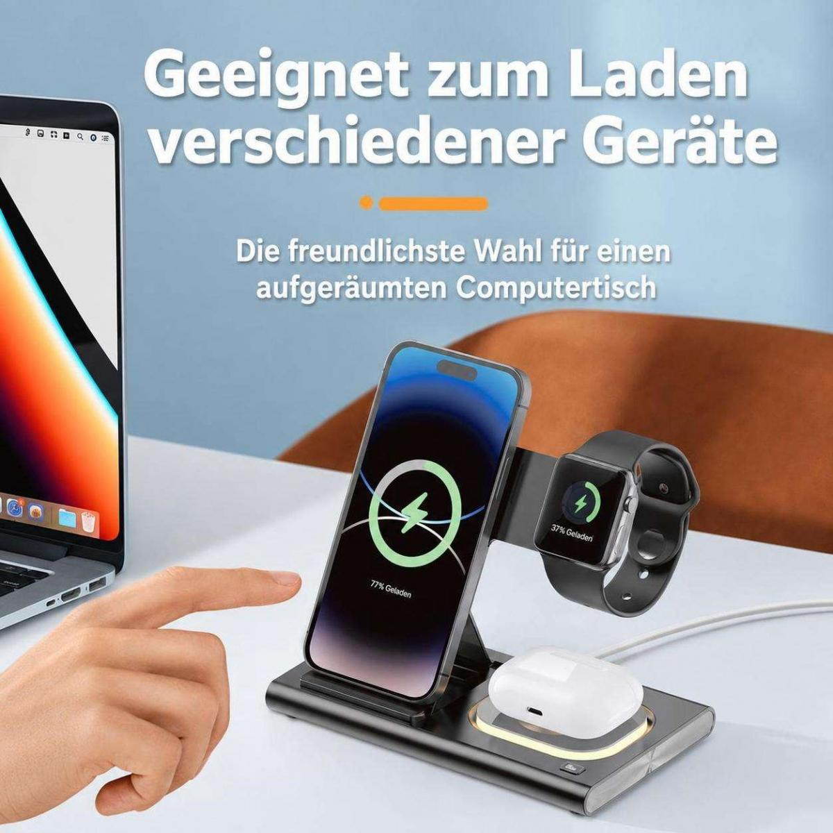 Ein 3-in-1-Ladeständer auf einem Schreibtisch lädt ein Smartphone, eine Smartwatch und Kopfhörer gleichzeitig auf.