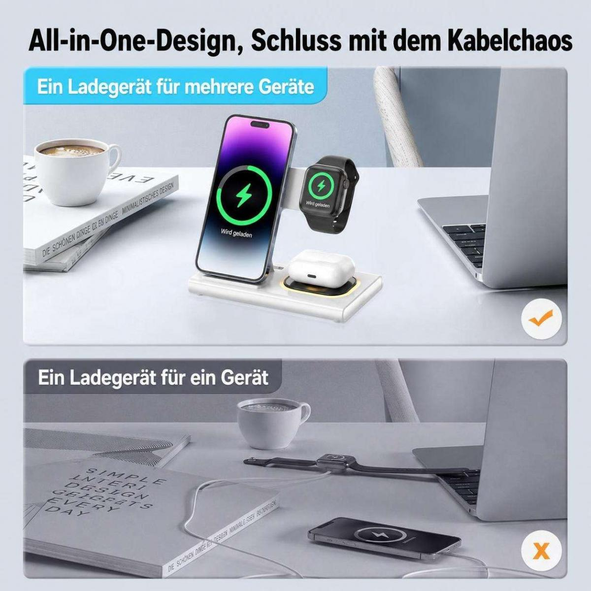 Ein 3-in-1-Ladeständer lädt ordentlich Telefon, Uhr und Ohrhörer und zeigt im Vergleich einen unordentlichen Schreibtisch.