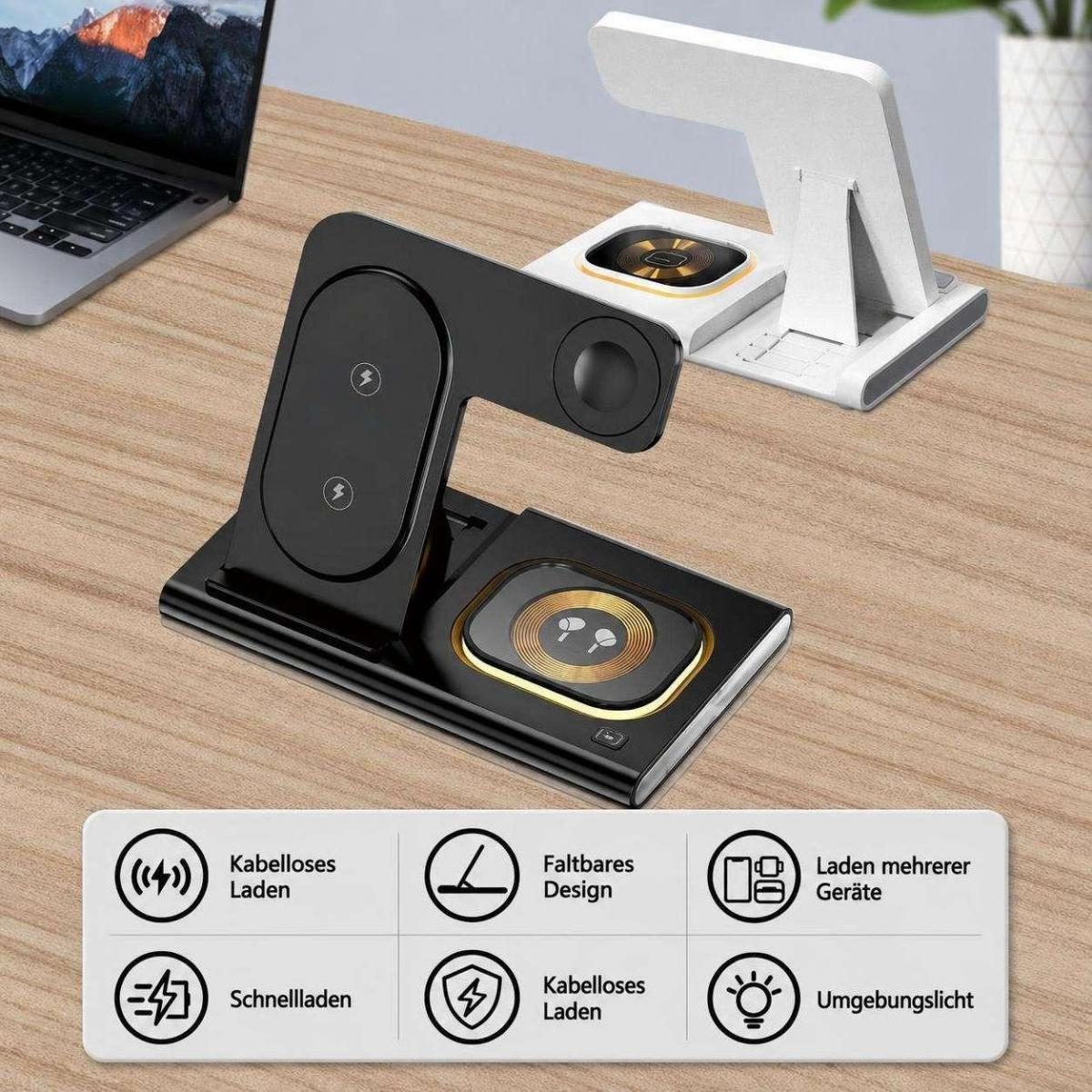 Eine schwarze 3-in-1-Ladestation auf einem Holzschreibtisch mit weißer Version und Laptop im Hintergrund.