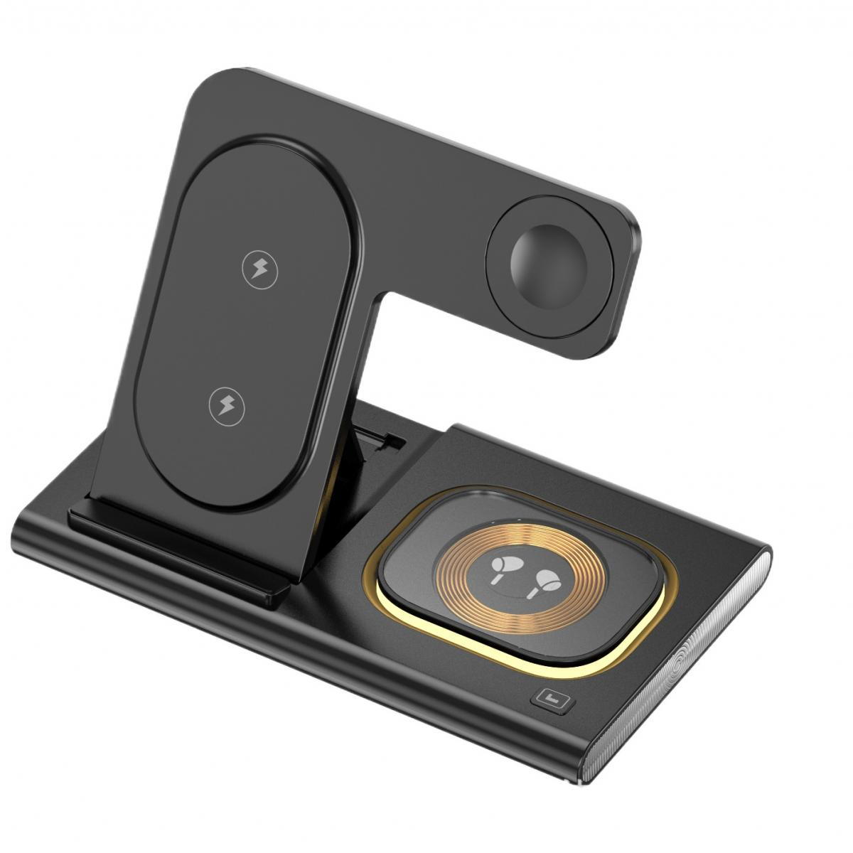 Schwarze, kabellose 3-in-1-Ladestation für Smartphone, Uhr und Kopfhörer vor weißem Hintergrund.
