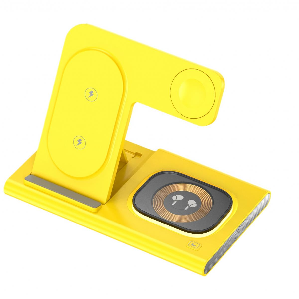 Eine leuchtend gelbe 3-in-1-Ladestation mit zwei vertikalen und einem flachen Pad auf weißem Hintergrund.