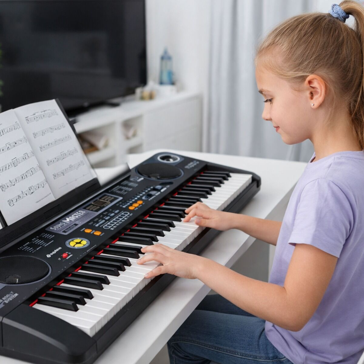 Ein blondes Mädchen spielt auf einem E-Piano mit Notenblatt auf einem weißen Tisch.