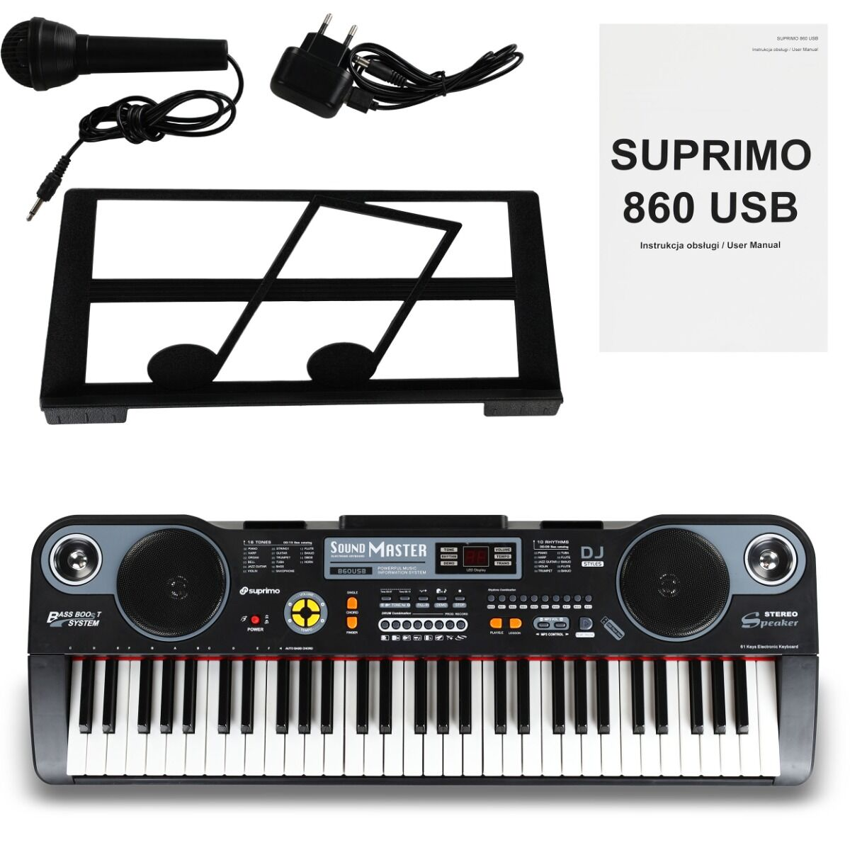 Ein tragbares elektronisches Keyboard mit Mikrofon, Netzteil, Notenständer und Bedienungsanleitung.