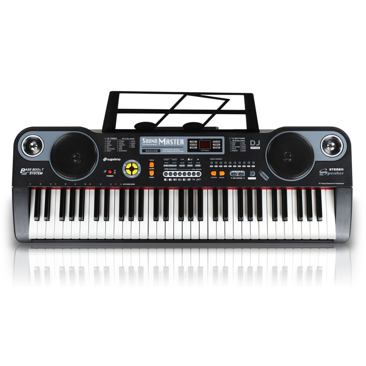 Ein schwarzes 61-Tasten-Keyboard mit eingebauten Stereolautsprechern, Steuertasten und Notenständer.