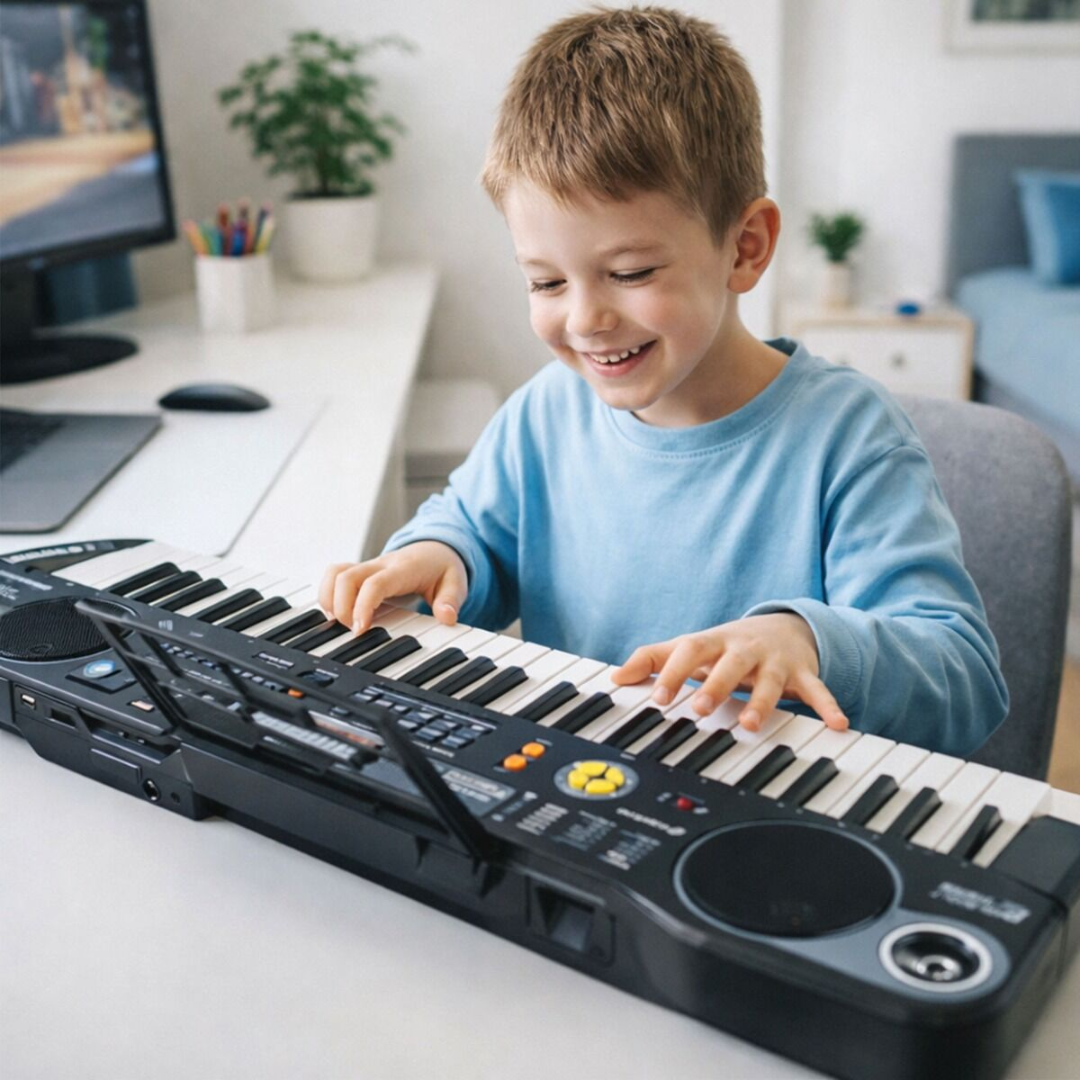 Ein glücklicher Junge in einem blauen Pulverhemd spielt in einem hellen Zimmer fröhlich auf einem elektronischen Keyboard.