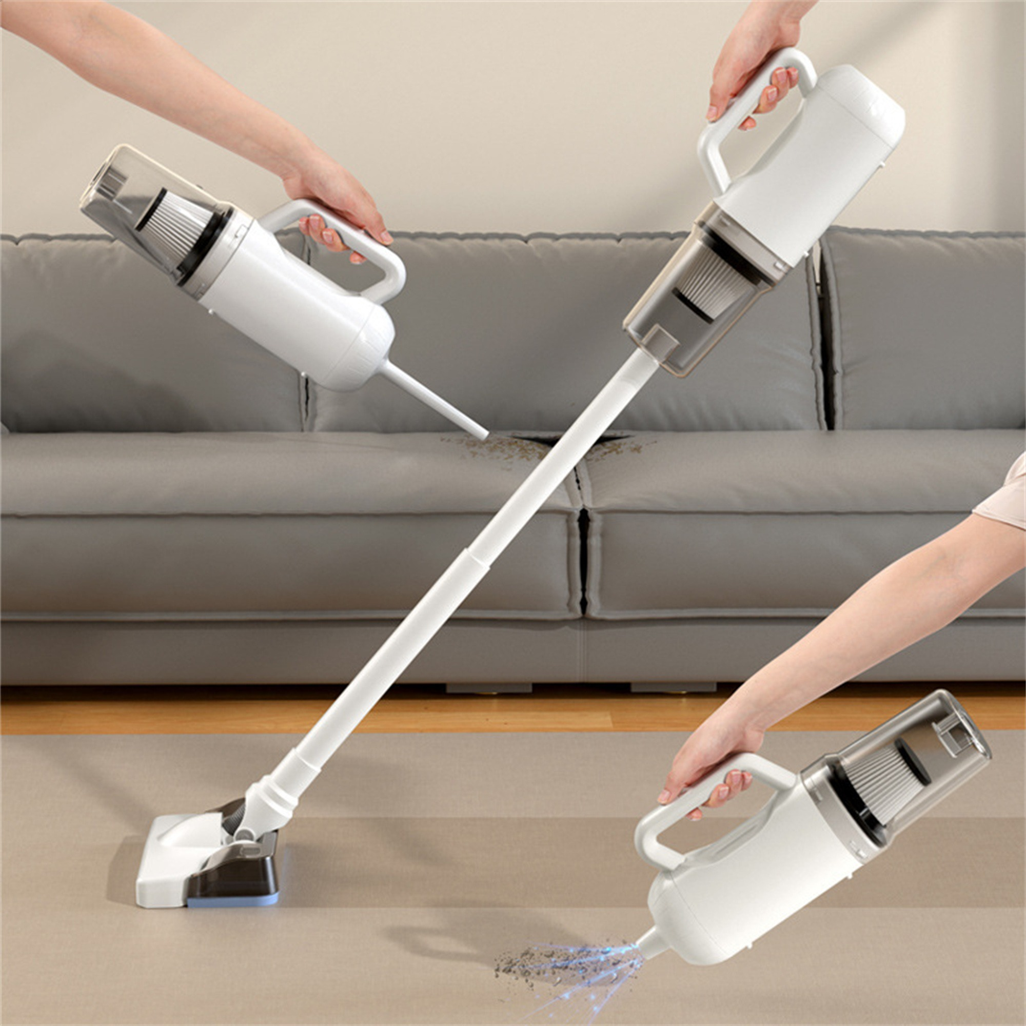 Verschiedene Konfigurationen eines kabellosen weißen Handstaubaugers beim Reinigen von Sofa und Teppich.
