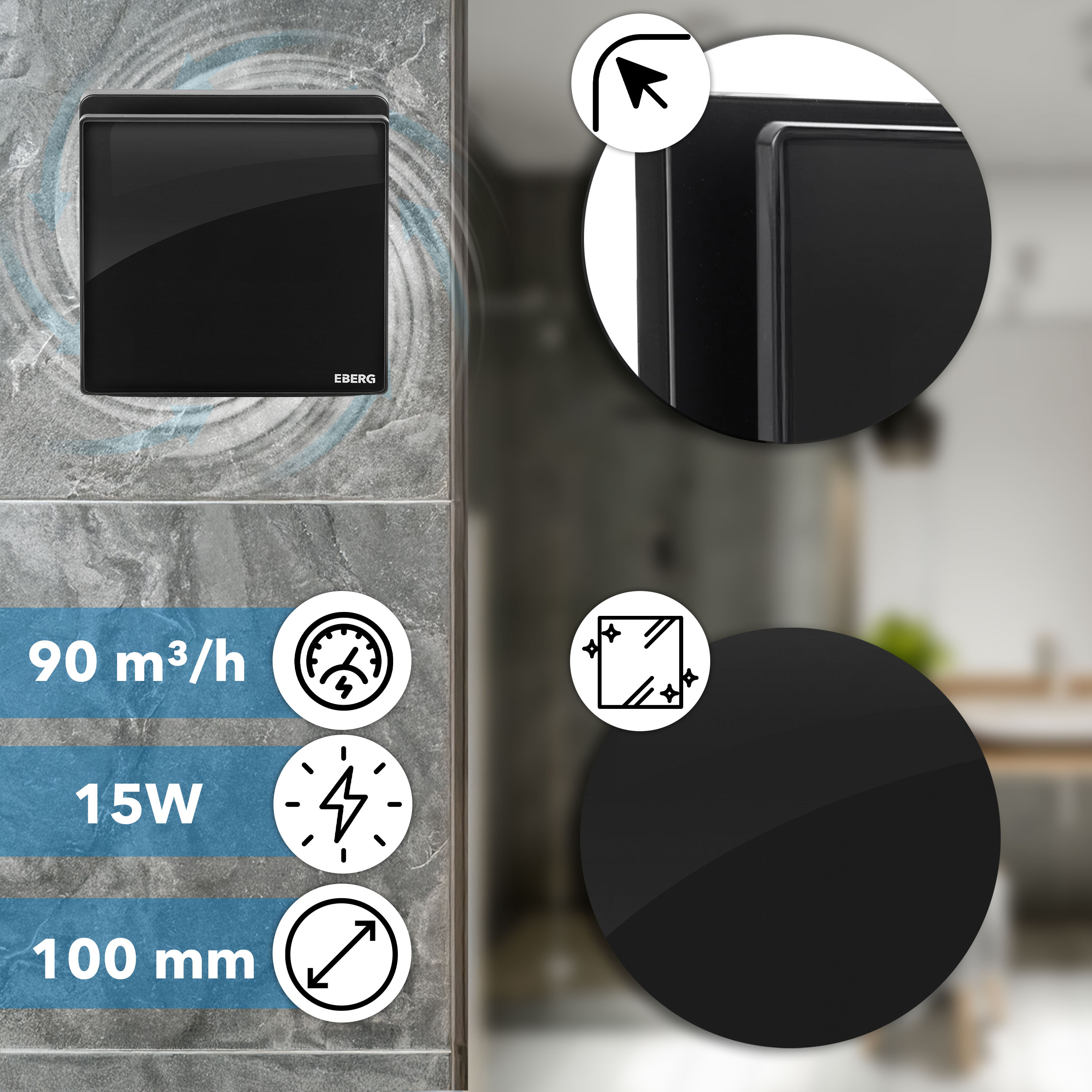 Czarny wentylator ścienny o wydajności 90 m³/h, 15W i średnicy 100 mm na ścianie z płytek.
