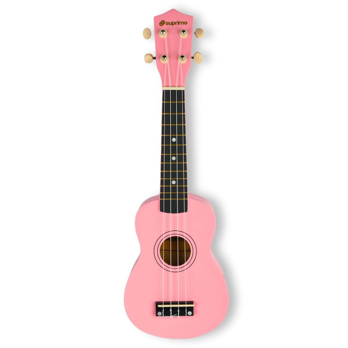 Eine pinke Ukulele mit schwarzem Griffbrett auf weißem Hintergrund.