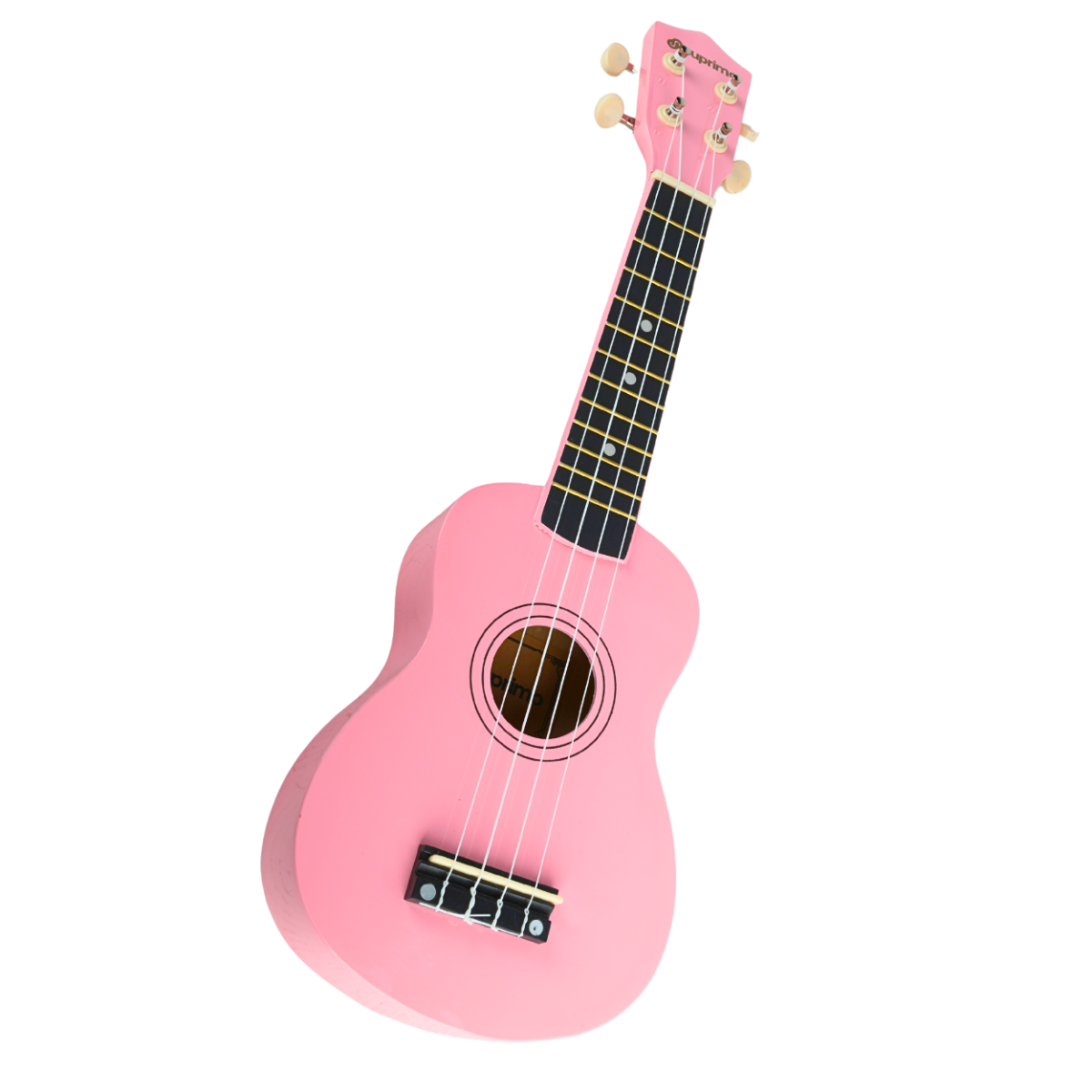 Eine kleine pinke Ukulele mit vier Saiten und schwarzem Griffbrett vor weißem Hintergrund.