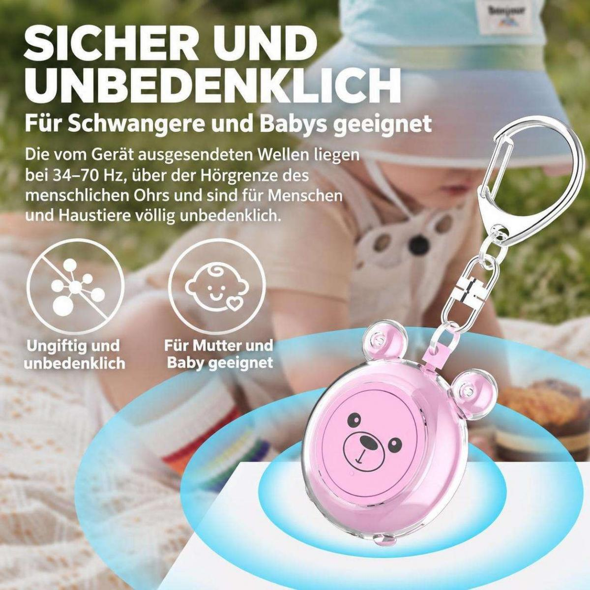 Rosa Bären-Schlüsselanhänger, sicher für Babys und Schwangere, mit erklärendem Text auf Deutsch.